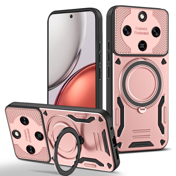 Rose gold TPU phone case with MagSafe rotating holder ring stand, camera protection.