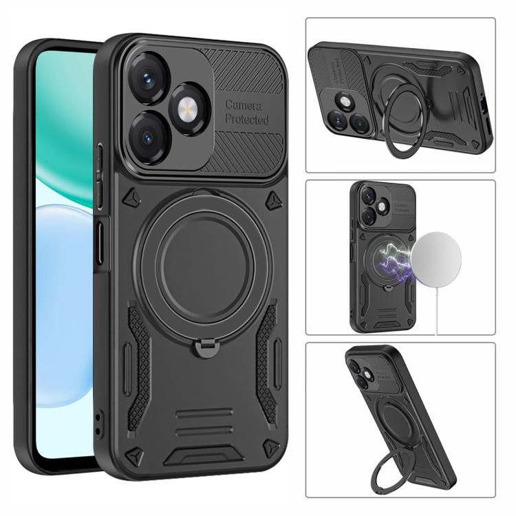 Black rugged TPU phone case with rotating finger ring holder and camera cutouts