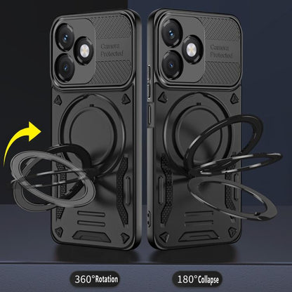 Black rugged TPU phone case showing rotating ring holder and 360-degree movement