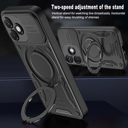 Black rugged TPU phone case with rotating finger ring holder and adjustable stand support