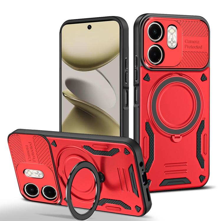 Red TPU phone case with rotating ring holder and camera cutouts