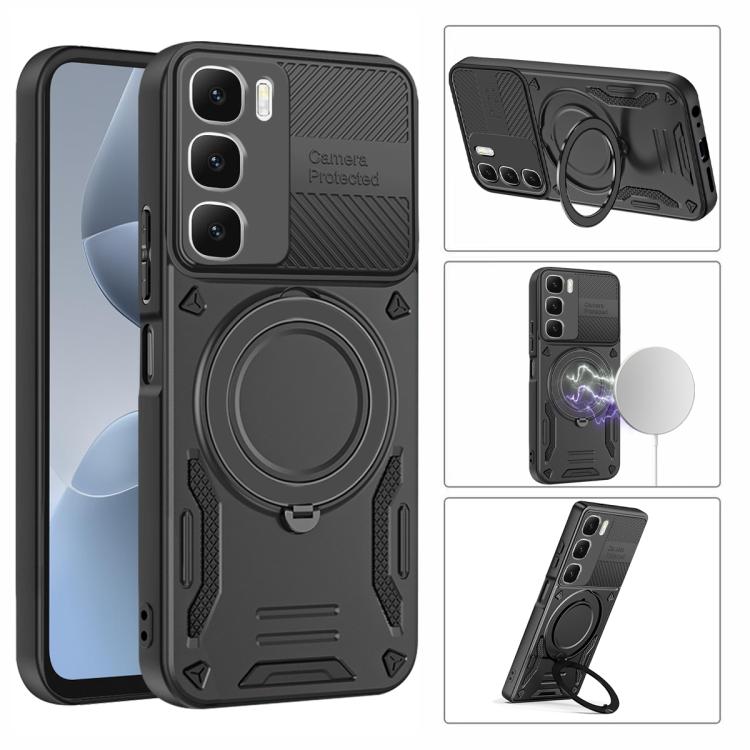 Rugged MagSafe TPU phone case with rotating ring holder and camera cutouts, black