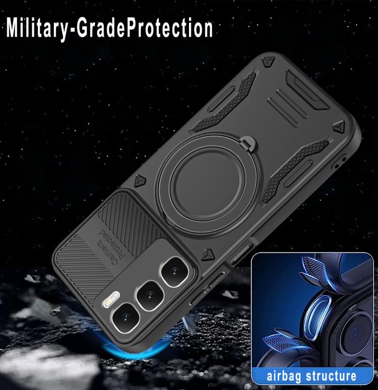 Military-style MagSafe TPU phone case with rotating ring holder, airbag-style corners, black