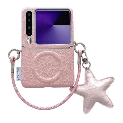 Pink textured phone case with silver edge, side buckle, and star charm strap for Huawei Pura X