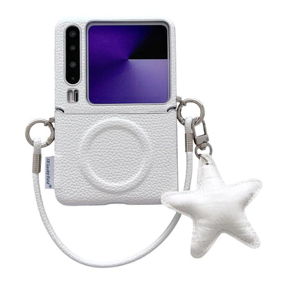 White textured phone case with silver edge, side buckle, and star charm wrist strap