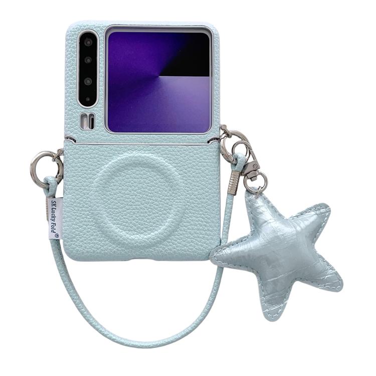 Light blue textured phone case with silver edge, side buckle, and star charm strap for Huawei Pura X