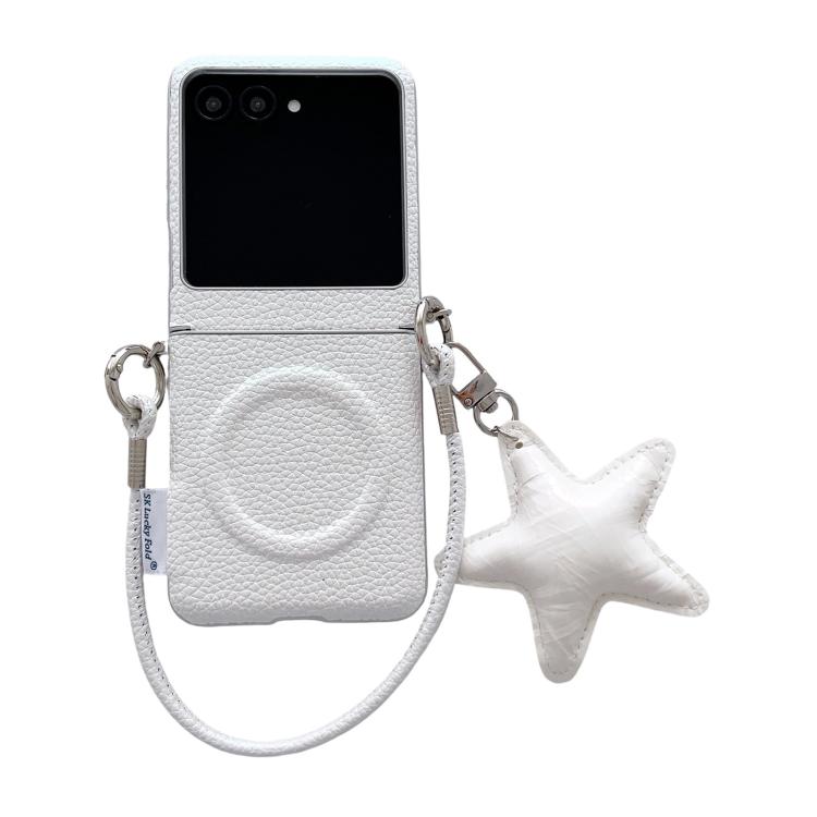 White litchi texture magnetic phone case with star charm and ring wrist strap