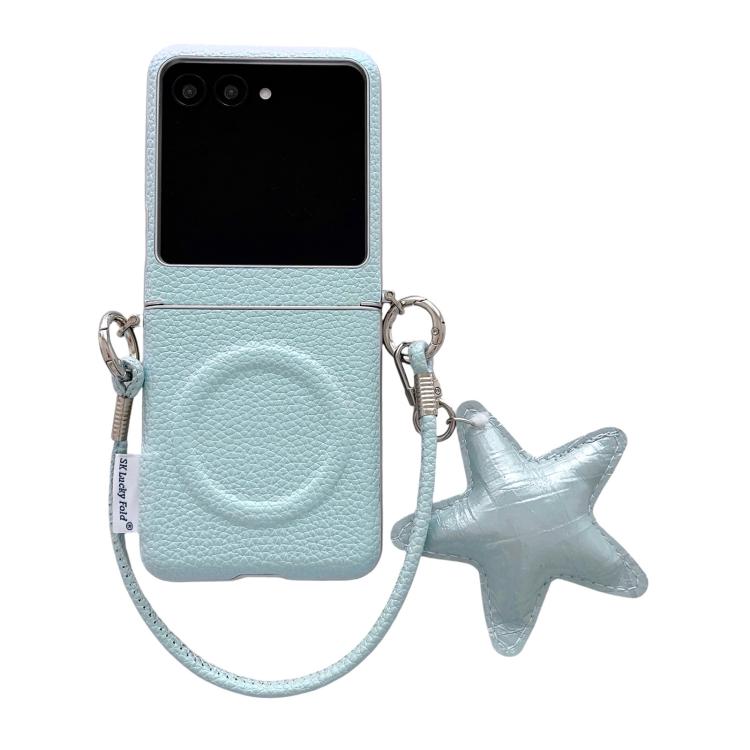 Light blue litchi texture magnetic phone case with star charm and side buckle strap