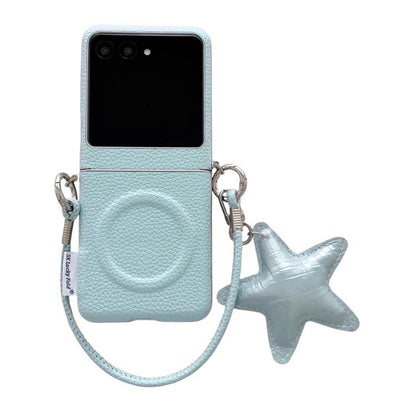 Light blue litchi texture magnetic phone case with star charm and side buckle strap