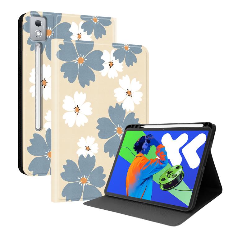 Vegan leather tablet case with blue-and-white daisy floral print, stand cover and tablet view