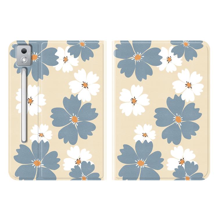 Folded vegan leather tablet case with blue-and-white daisy floral pattern on both sides