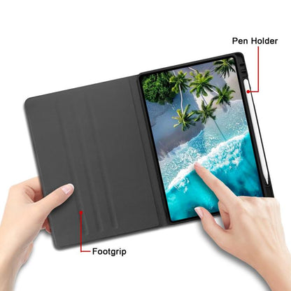 Black foldable vegan leather tablet case with pen holder slot and hands-free stand