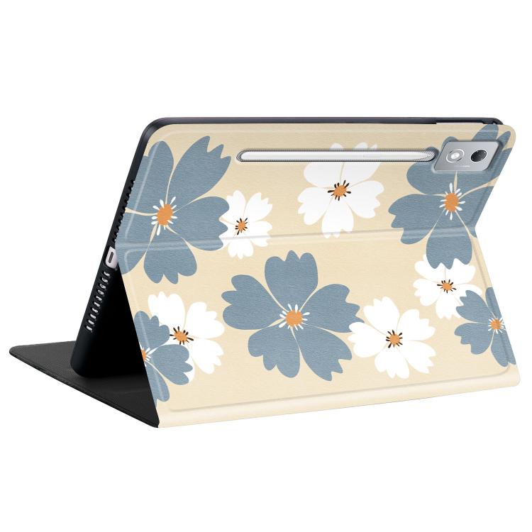 Vegan leather tablet case with blue-and-white daisy floral print, angled stand view