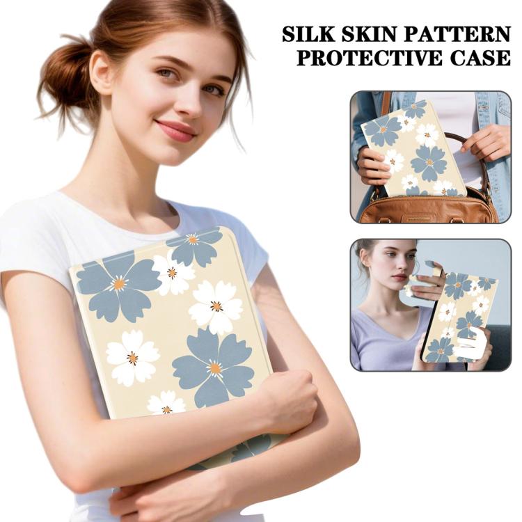 Vegan leather tablet case with blue-and-white floral pattern, front cover with tablet