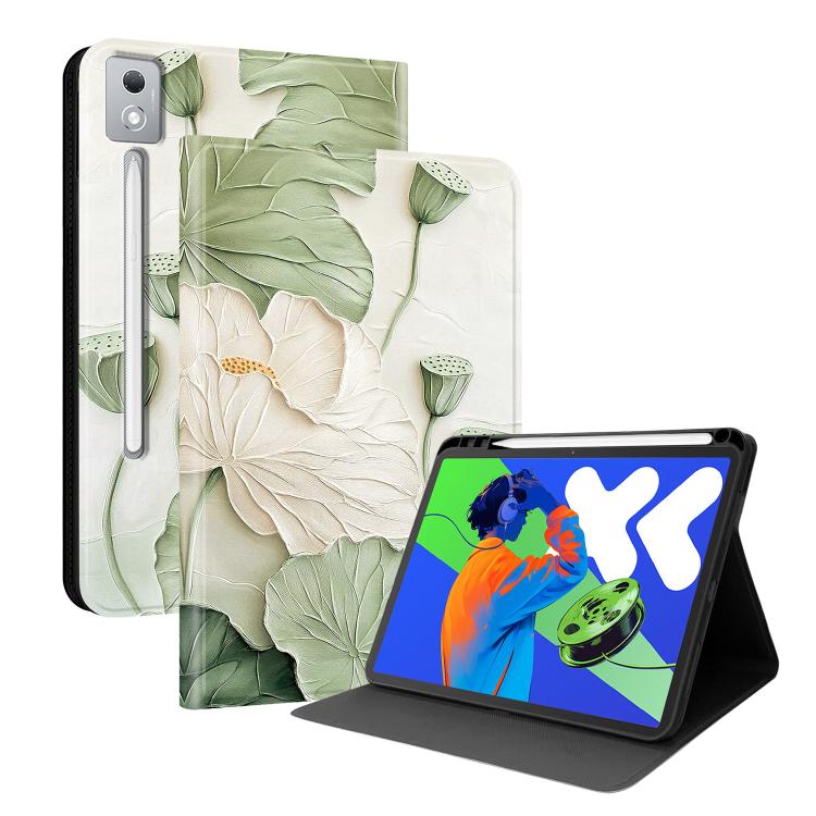 Vegan leather tablet case with green and cream leaf floral pattern, stand cover view