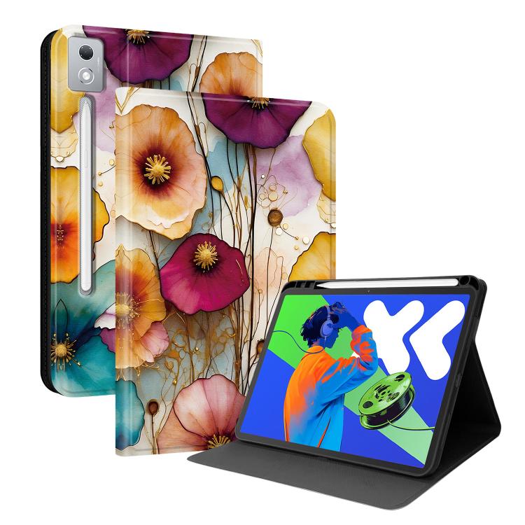 Vegan leather tablet case with colorful hibiscus floral print and angled stand