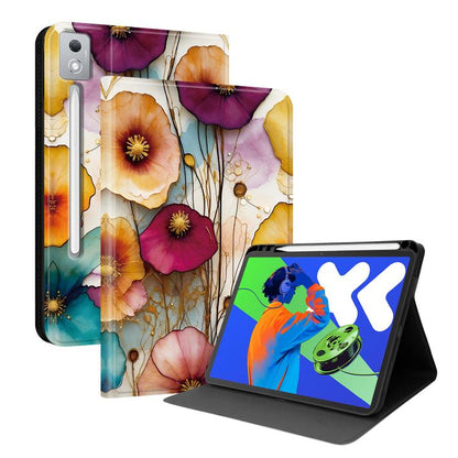 Vegan leather tablet case with colorful hibiscus floral print and angled stand