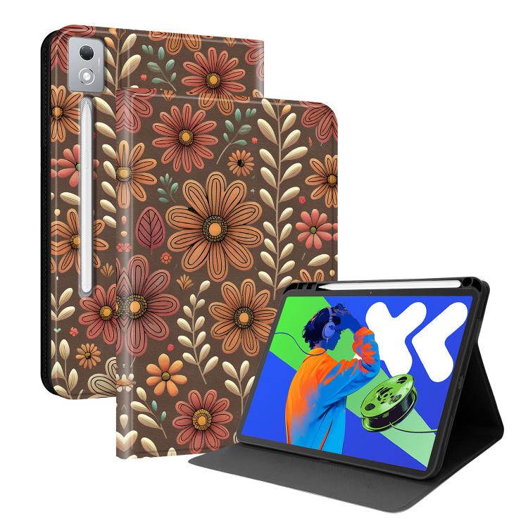 Vegan leather tablet case with brown floral line-art pattern and angled stand