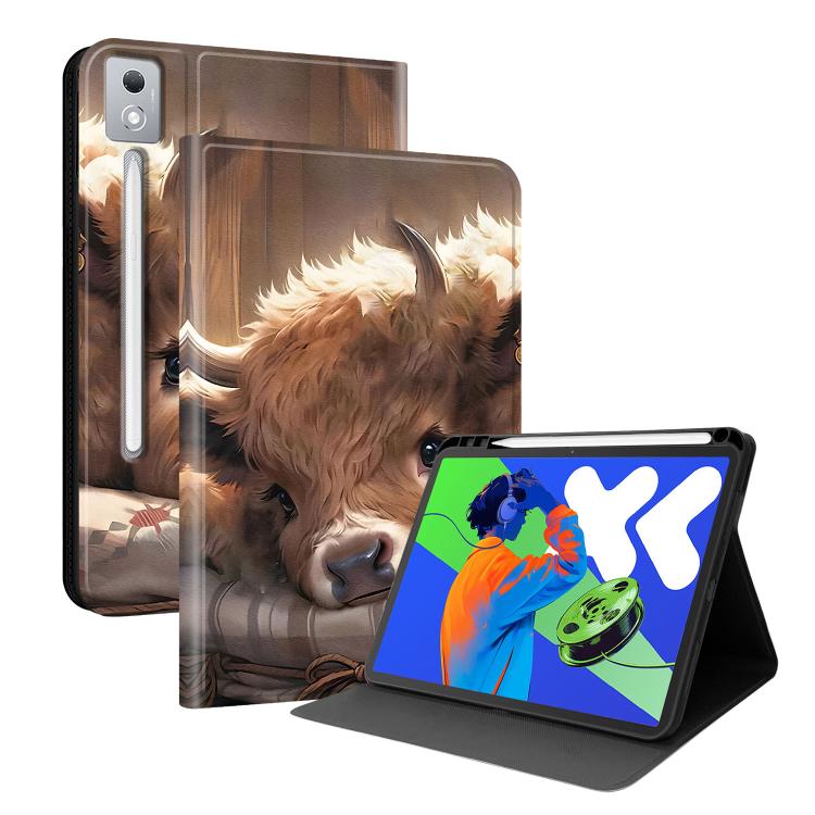 Smart vegan leather tablet case with pen slot and stand, brown dog print