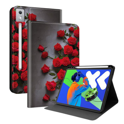 Smart vegan leather tablet case with pen slot and stand, red rose pattern