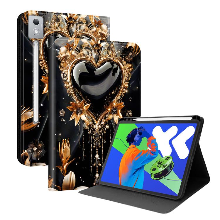 Smart vegan leather tablet case with pen slot and stand, gold heart on black
