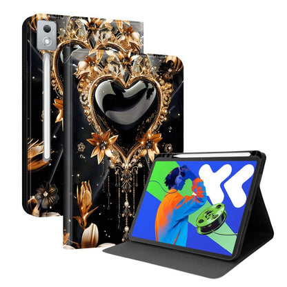 Smart vegan leather tablet case with pen slot and stand, gold heart on black