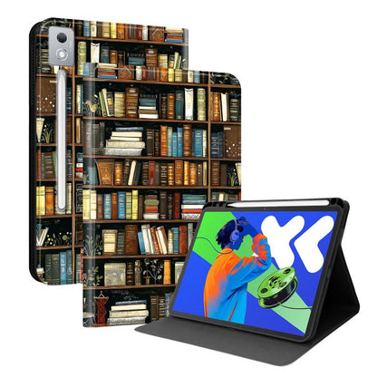 Smart vegan leather tablet case with pen slot and stand, bookshelf book spines print