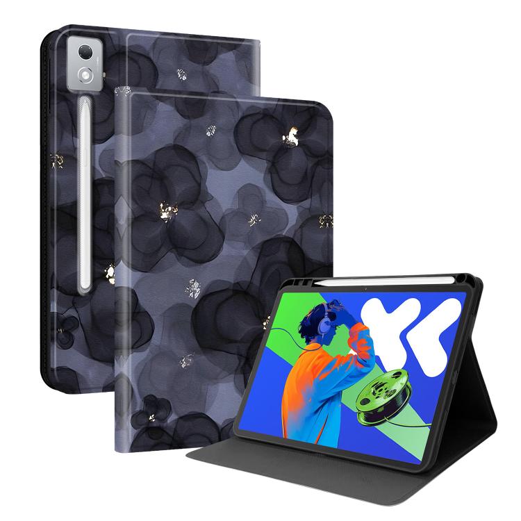 Smart vegan leather tablet case with pen slot and stand, dark floral pattern