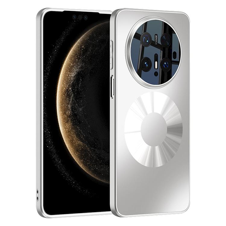 Silver magnetic phone case with dual ring camera frame and micro-textured finish