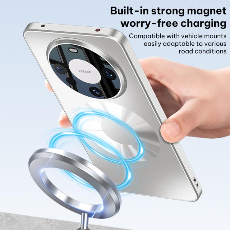 Silver magnetic phone case with dual ring camera cover and built-in magnet charging