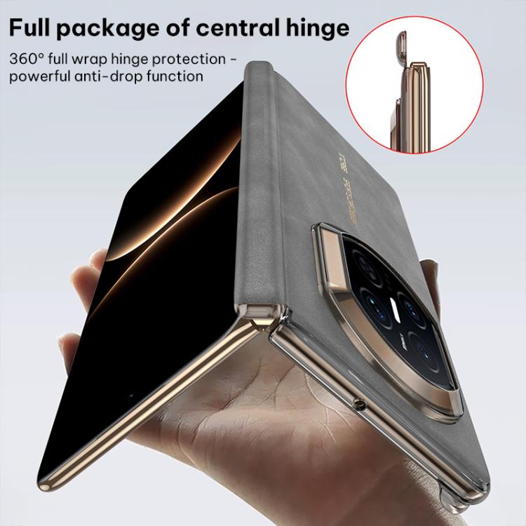 Folding phone case with central hinge and metal frame, showing camera cover