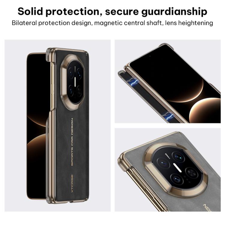 Dual-center hinge phone case with protective frame and camera cutout, shown in views