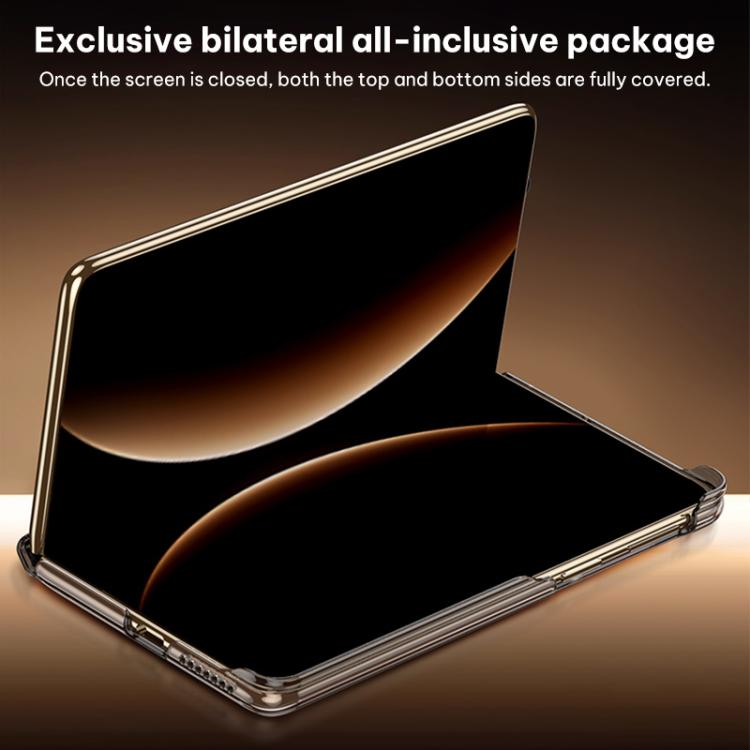 Open folding phone case with central hinge and protective metal edges