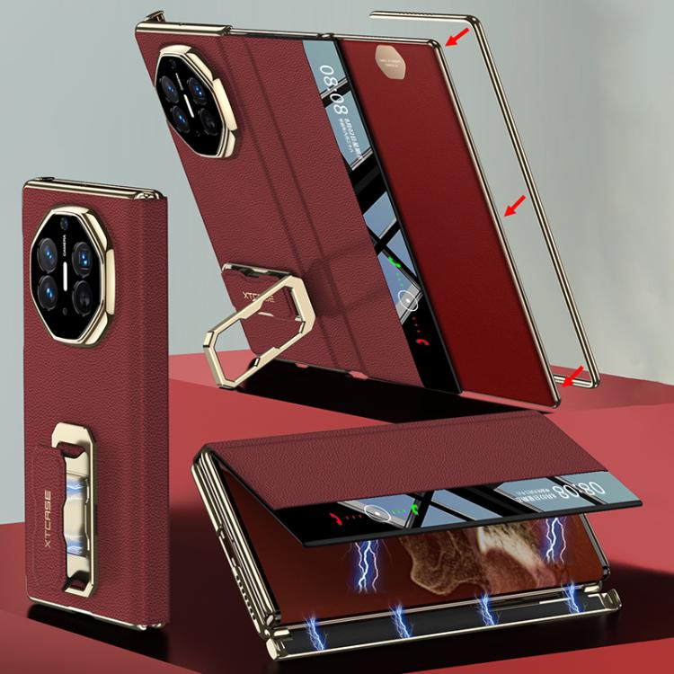 Red magnetic flip leather phone case with rotating wristband stand and side cover