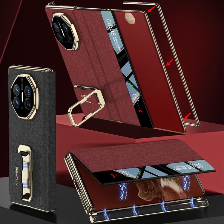 Red magnetic flip leather case with rotating wristband stand and reinforced edges