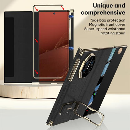 Red and black magnetic flip leather phone case with wristband rotating stand