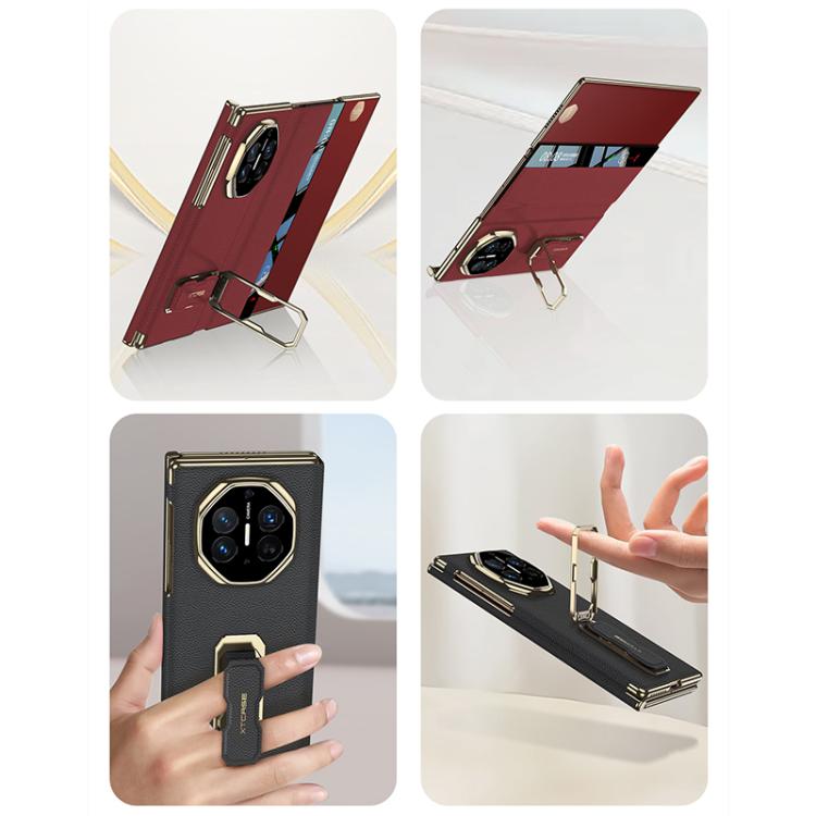 Red and black magnetic flip leather phone case shown in multiple angles