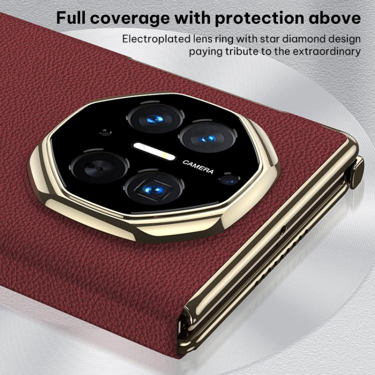 Red leather phone case with gold-tone star pattern camera ring and full coverage