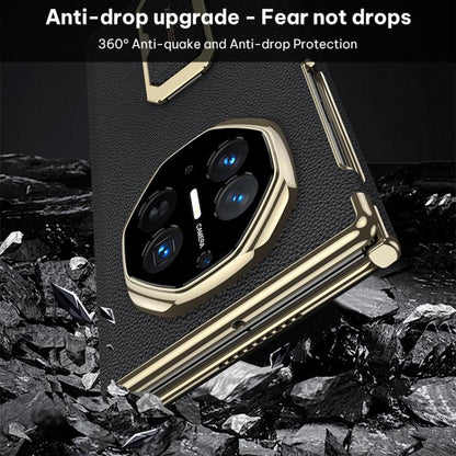 Black magnetic flip leather phone case with gold-tone camera ring and drop protection