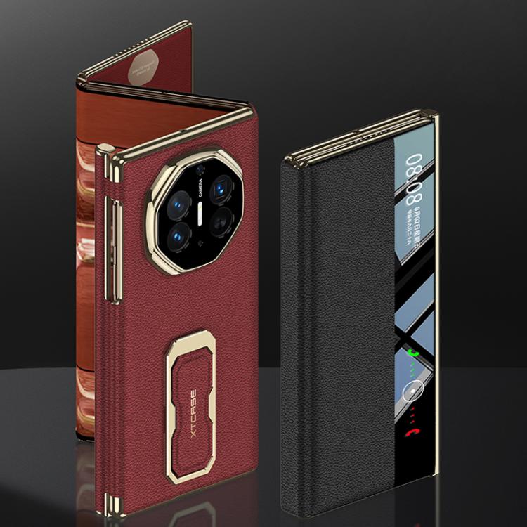 Red and black magnetic flip leather phone cases with gold-tone side frame