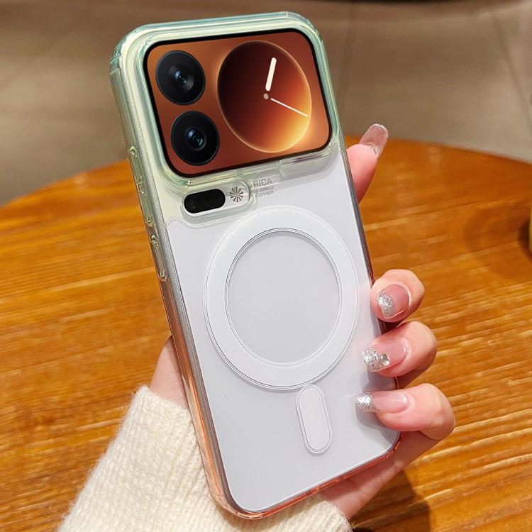 Transparent phone case with teal trim, white magnetic ring, and dual camera cutouts
