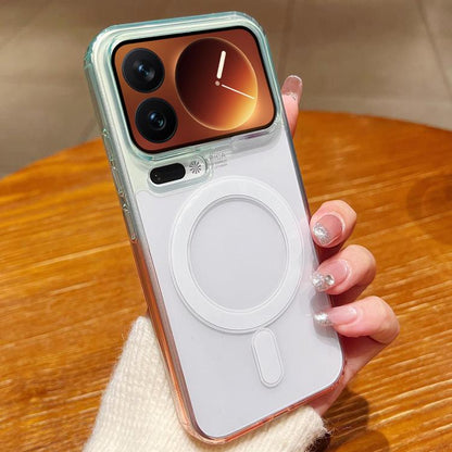 Transparent MagSafe-style phone case with teal border and white circular magnetic ring