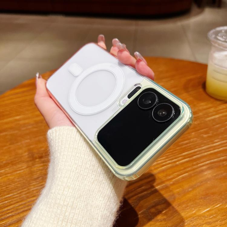 Back view: transparent phone case with teal trim, white magnetic ring, and camera cutouts