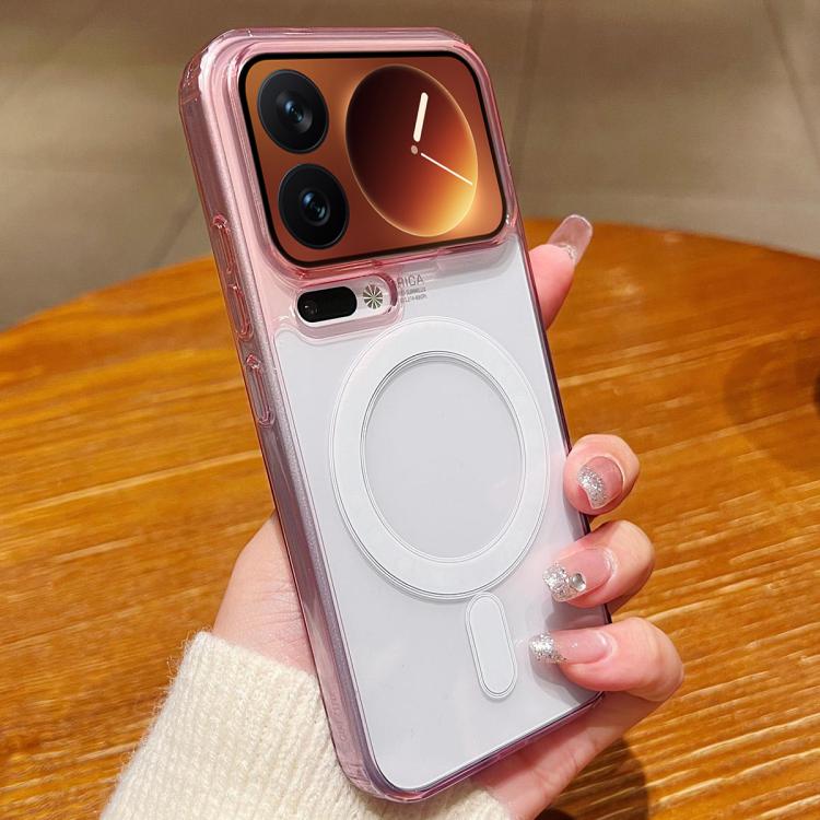 Transparent MagSafe-style phone case with pink border and white circular magnetic ring