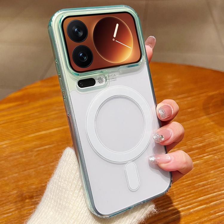 Transparent MagSafe-style phone case with teal border and white circular magnetic ring