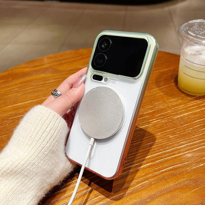Transparent gradient phone case with MagSafe ring, circular cutout, camera openings