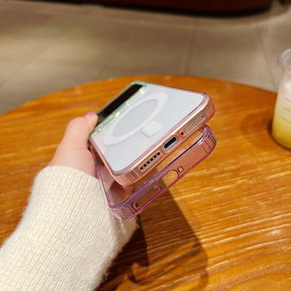 Transparent gradient MagSafe phone case with side buttons and camera cutout visible