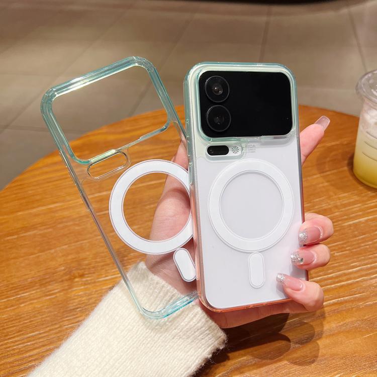 Transparent gradient MagSafe phone case with large round ring and camera cutouts