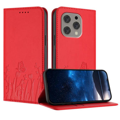 Red magnetic vegan leather phone case with tulip and butterfly pattern folio