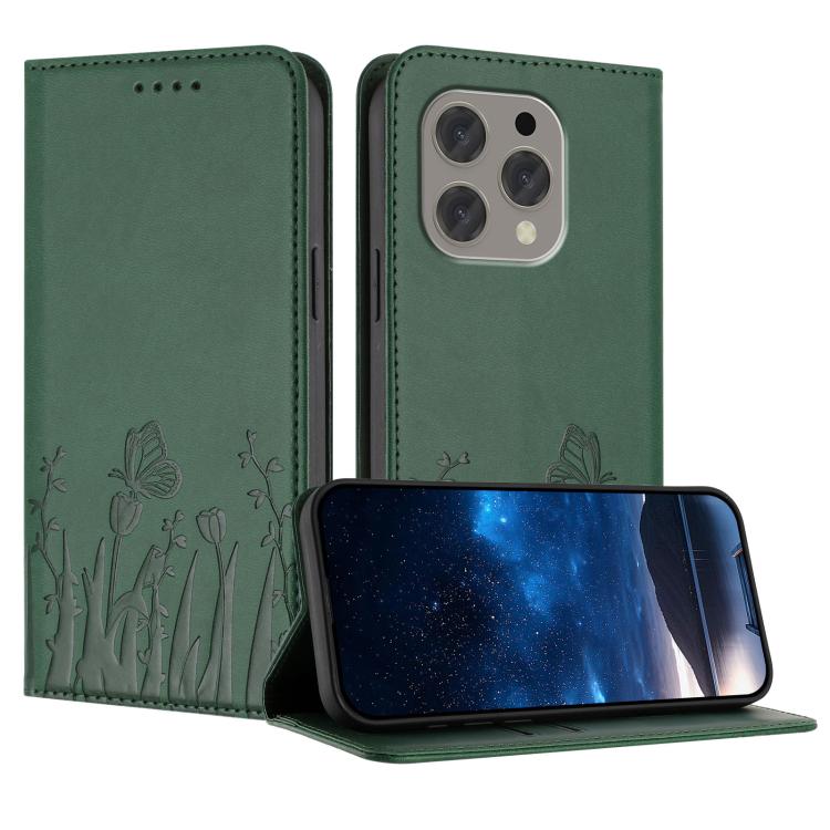 Green magnetic vegan leather phone case with tulip and butterfly pattern, flip cover.